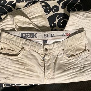 FCUK slim 34” x 34” cream denim button fly vintage worn look